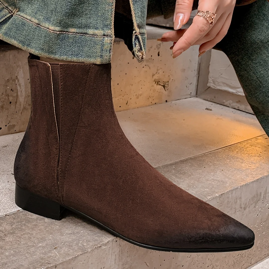 2024 Autumn new women\'s natural suede leather pointed toe elastic slip-on flats Chelsea boots casual female short booties shoes