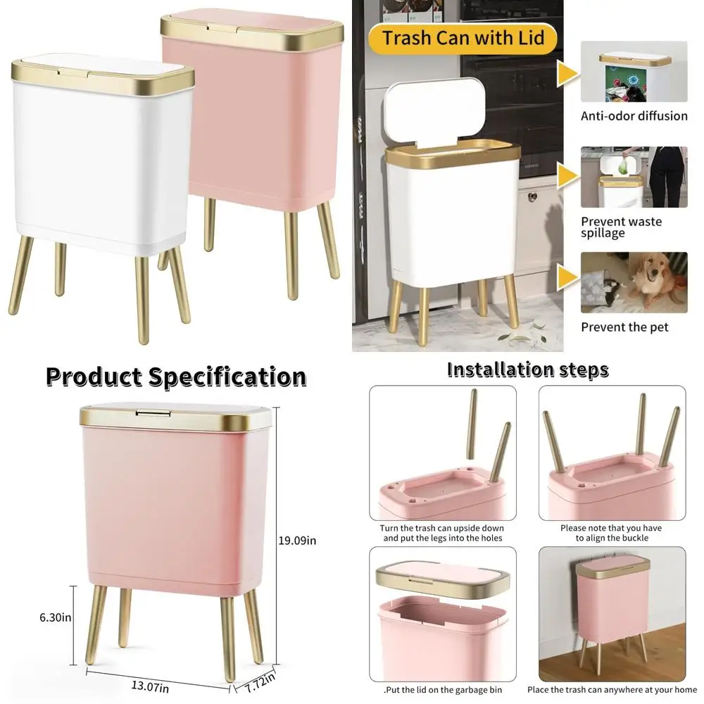 

Modern Pink Slim Waste Basket with Gold Edge for Office and Bathroom Use, Ideal for Bedroom Garbage Collection