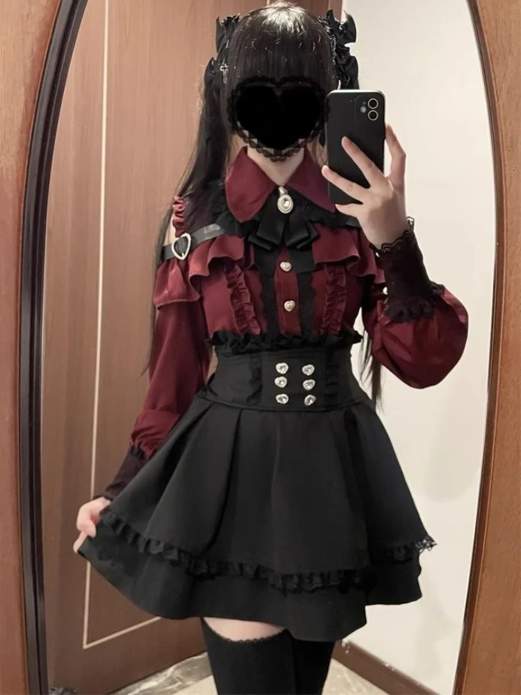 

Vintage Long Sleeve Women Evening Party Elegant Lolita One Piece Dress Set Lace Shirt Retro Tops Japanese Fashion Spring New