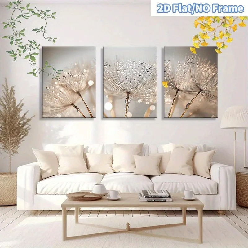（NoFrame 3pcs）-2D Flat, 2D Flat Frameless 3pcs Dandelion Seed Wall Art, Perfect for Decorating Your Living Room or Bedroom. F