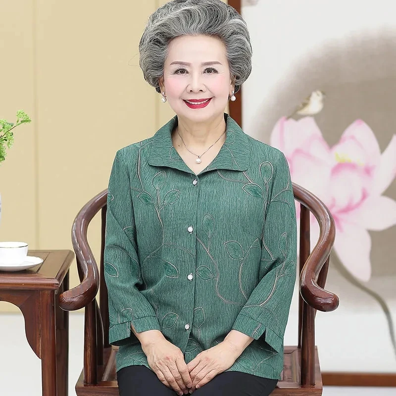 Old Lady Middle Sleeve Shirt Tops Grandma Costume Spring Autumn Thin Blouse Pant Suit  Middle Aged Elderly People Two Piece Set