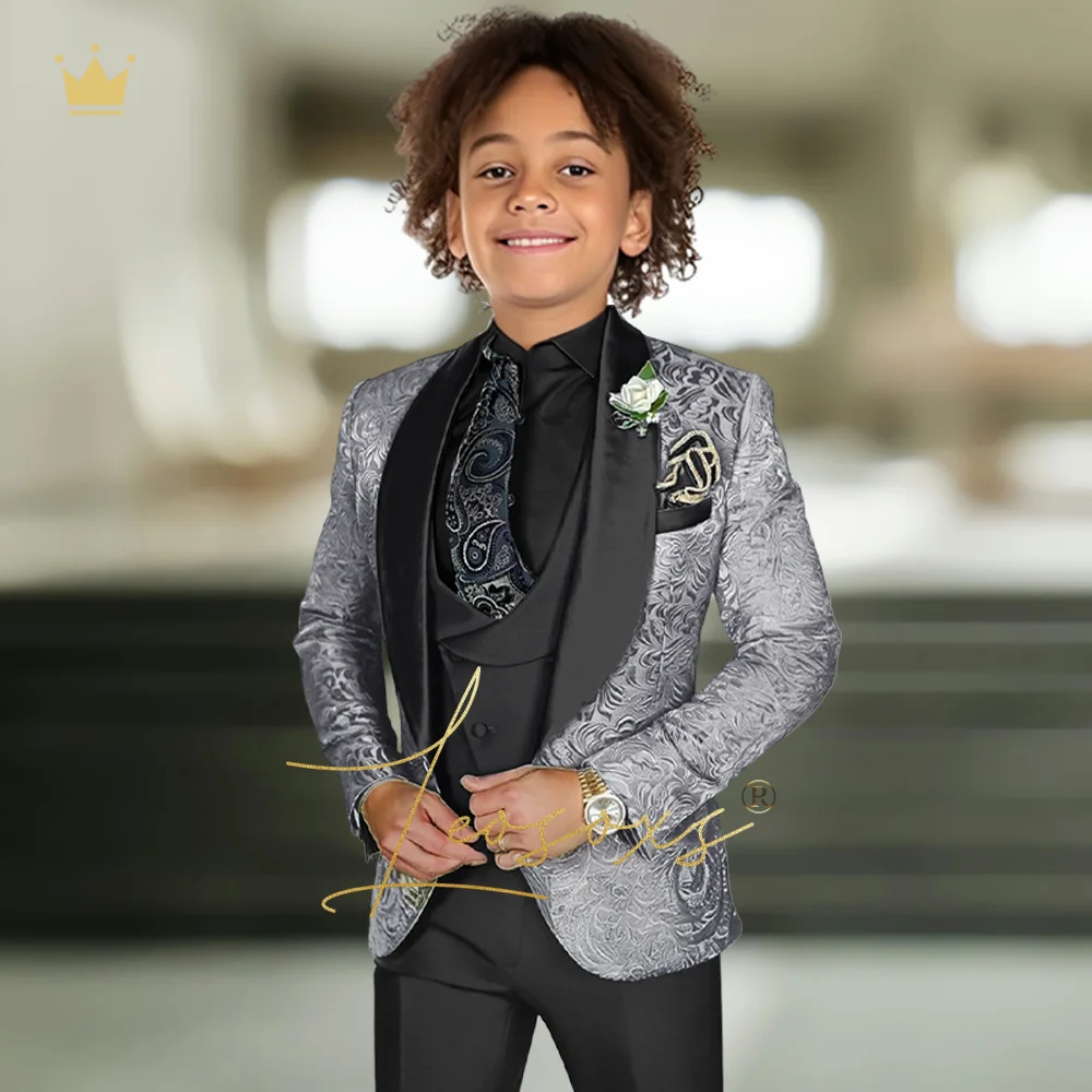 

Boys 3-piece premium jacquard tuxedo suit, custom made wedding party, boys birthday formal suit, suitable for 3-16 years old