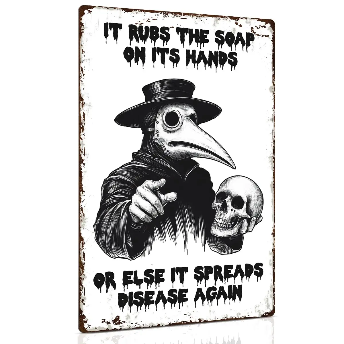 ALKB Funny Plague Doctor Metal Sign - Wash Your Hands Plague Doctor Gothic Creepy Wall Art Gifts for Gothic Lovers Vintage Bathr