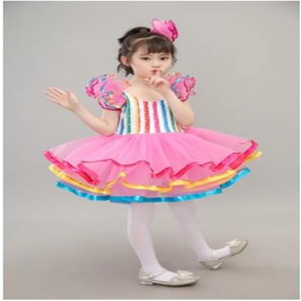 Tutú de Ballet profesional clásico para niños, vestido de coro de lentejuelas, disfraces de Coro, falda de gasa de princesa, siete colores, arcoíris