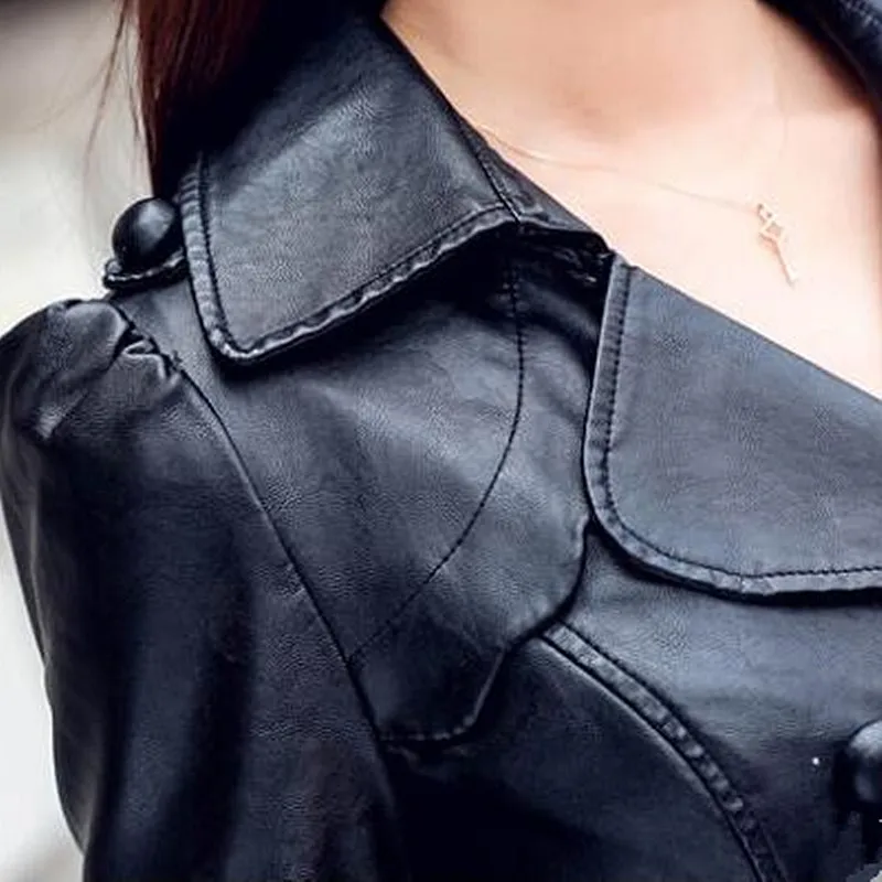 Fashion Plus Long Leather Jacket Women Leather Coat Female autumn Ladies lace Leather Jackets Coats black JJ535