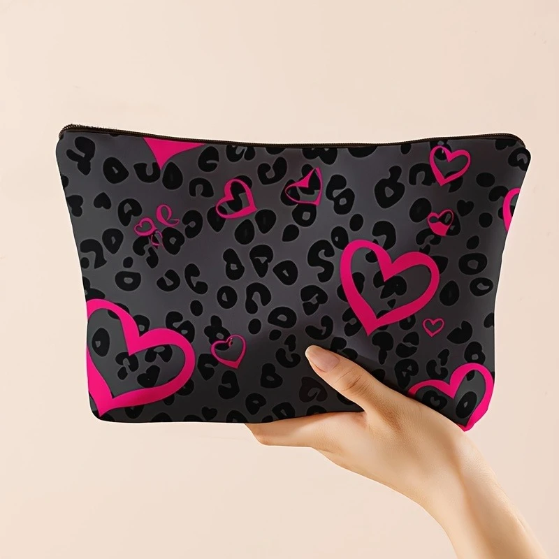 

1pc Polyester Leopard Print Heart Pattern Cosmetic Bag, Unscented Toiletry Pouch for Travel Essentials and Makeup Storage