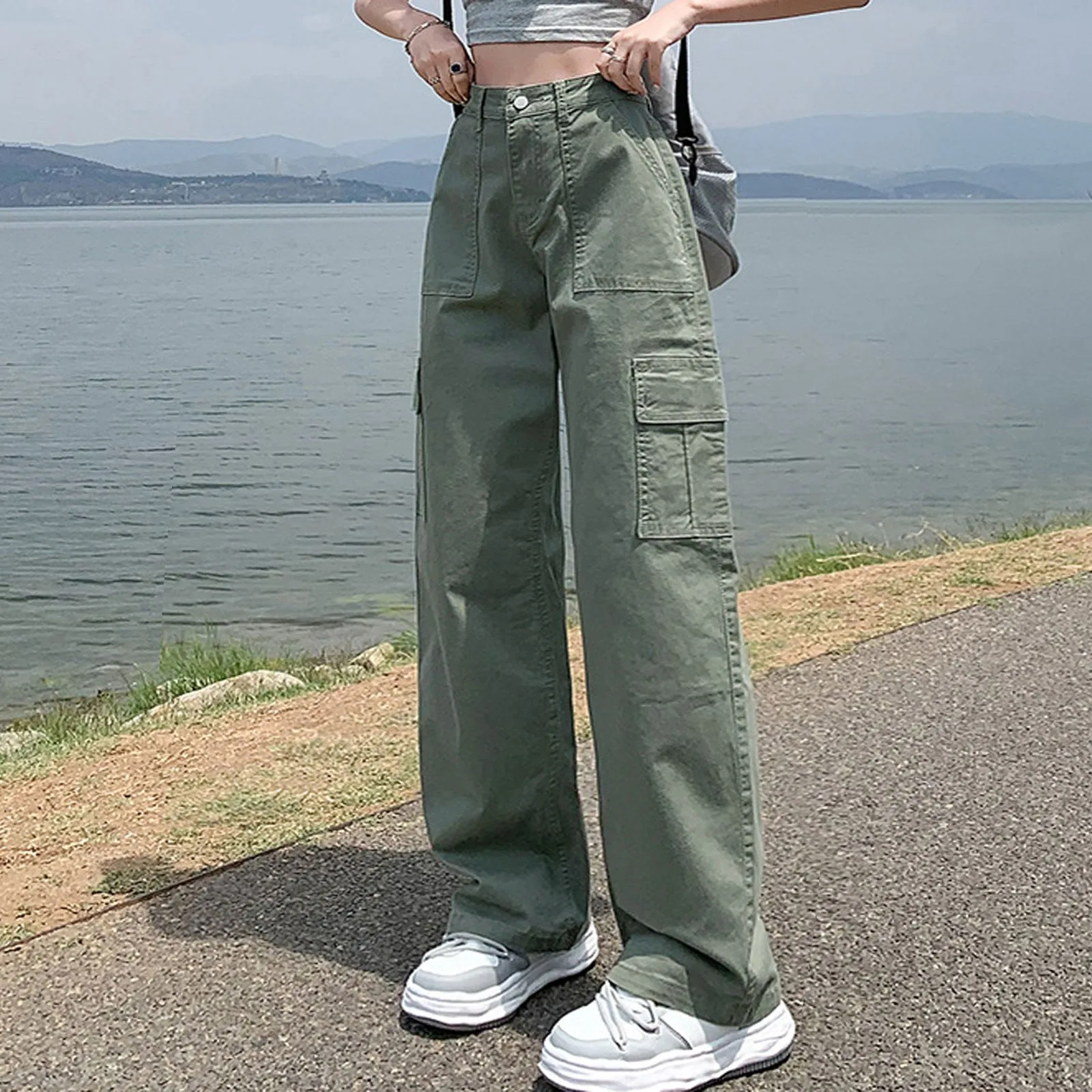 

Новинка 202, весна-лето, винтажные свободные женские широкие брюки-карго с высокой талией, однотонные женские элегантные прямые повседневные брюки