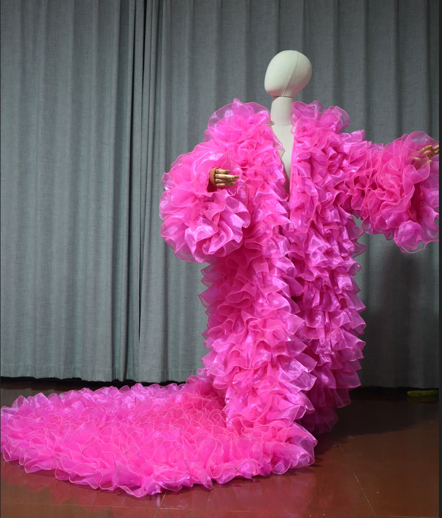 무대 공연, 코트, 드래그 퀸 의상 오간자 소재의 푸른 긴팔 재킷과 푹신한 레이어드 망토, 맞춤 색상 가능