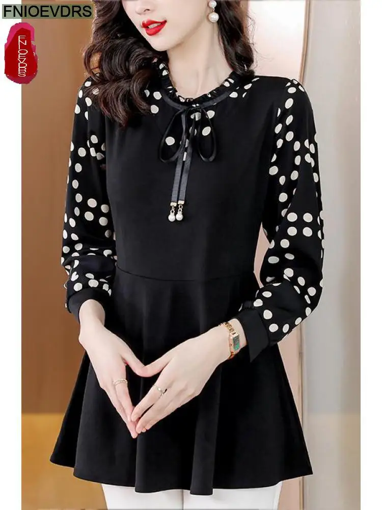 M-5XL 2023 Women Winter Spring Basic Wear Elegant Office Lady Loose Casual Black Ruffles Tunic Peplum Tops And Blouses