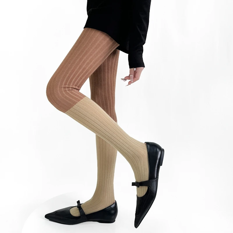 Women's Tights Cotton Knitted Slim Stockings Tights Pantyhose Color Matching High Waist Pantyhose Tights Lingerie Female Hosiery
