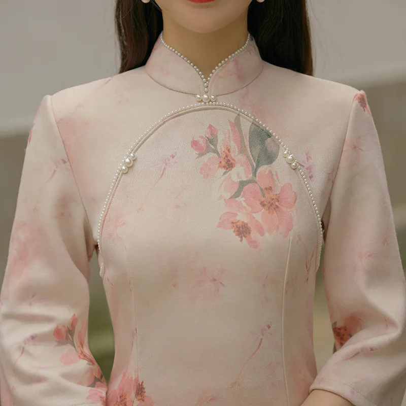 

Suede Pink Cheongsam Wide-sleeve Floral Vintage Dress Wedding Costumes Elegant Short Sleeve Elegant Qipao S To XXL