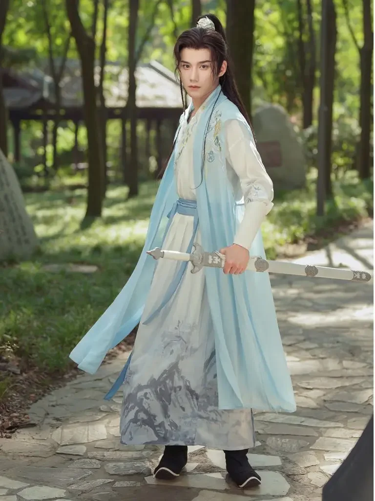 

Mo Ran Ancient Chinese Hanfu Costume Mens 4 Piece Set Horse Face Skirt Robe Hanfu Martial Arts Dragon Printing Flying Fish Suit