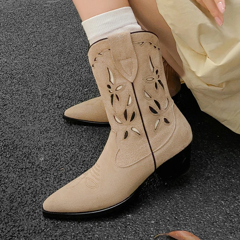 

Chunky High Heel Pointed Toe Mid Calf Boots Women Suede Hollow Outs Morden Autumn Winter Shoes Western Cowboy Short Boots 2024