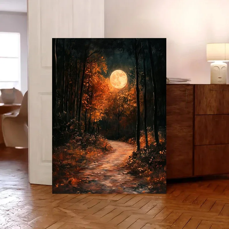 Multiple sizes 1pc frameless Canvas Painting,Autumn Full Moon Dark Forest Gothic Halloween Poster and Prints Canvas Painting Wal