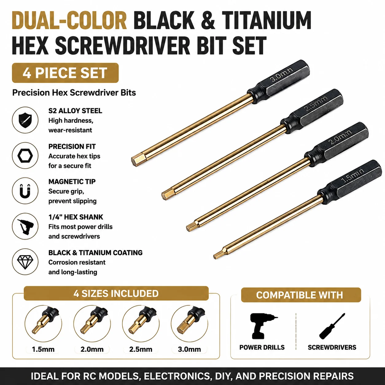 4-teiliger Sechskantschlüssel Elektroschrauber Werkzeug 1,5/2,0/2,5/3,0mm Bit 4,0/5,5/7,0/8,0 Steckschlüssel für RC-Modell Elektronische Geräte DIY Flugzeug – Detail 10