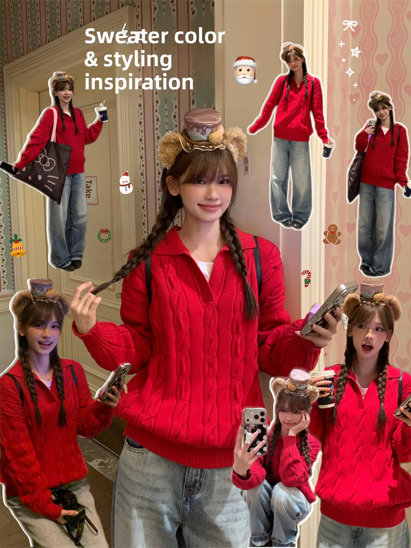 

Red Twisted Texture Collar Knitted Sweater Women's Loose Fit Autumn Winter Faion Sweet Sle Warm Long Sve Top
