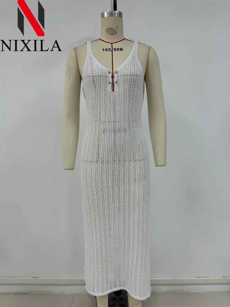 Letnia sukienka damska z dekoltem w szpic Szydełkowy kostium kąpielowy bez rękawów z wycięciem Bikini Cover Up Sexy Perspective Beach Maxi Dresses