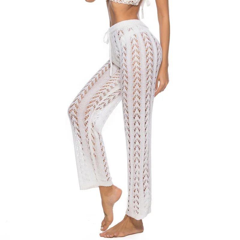 Sexy Knitted Beach Wear Women Pants Hollow Out See Through High Waist Drawstring Straight Pants Beach Style Bikini Cover Up 2025