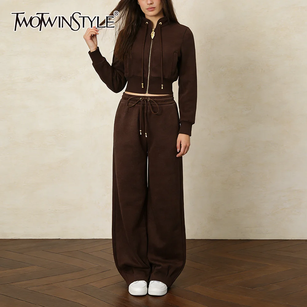 

TWOTWINSTYLE Coffee Spliced Lace Up Two Piece Set Female Stand Collar Long Sleeve Jacket Vintage Casual Women's Trousers Set New