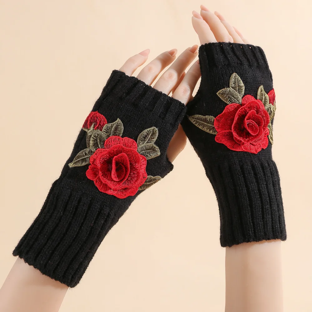 Winter Floral Knitted Fingerless Gloves Women Thermal Arm Sleeves Soft Acrylic Fashion Half Finger Mittens Cozy Hand Wear