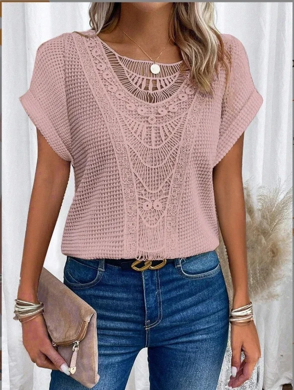 Fashion Lace Stitching T-shirt For Women's Tops Summer Casual Round Neck Office Ladies Clothes Short-sleeved Loose Tees Women