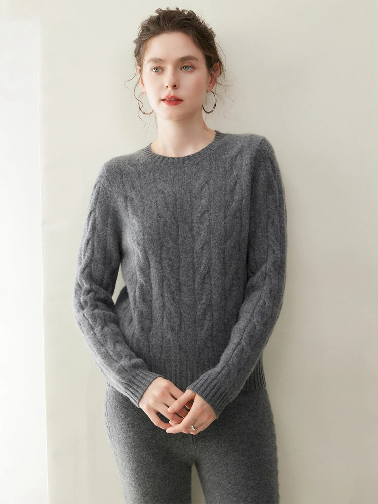 Женский осенне-зимний теплый мягкий комфортный толстый 100% кашемировый вязаный свитер с длинными рукавами, пуловер с круглым вырезом, элегантная одежда, топы