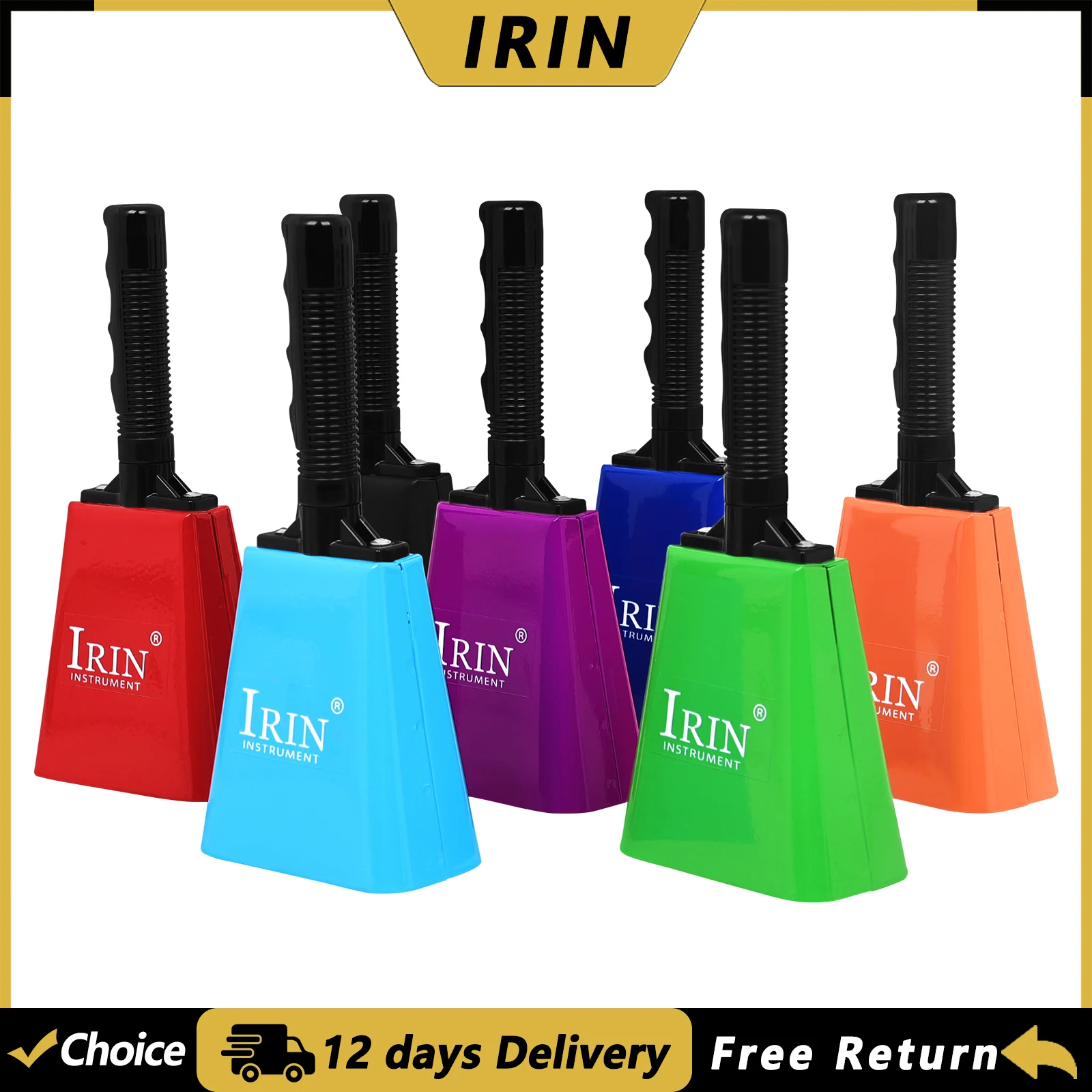 IRIN 9 Inch Cowbell Noise Makers Percussion Musical Instrument Iron Decorations Hand Bells with Handle Sports Events Cheering