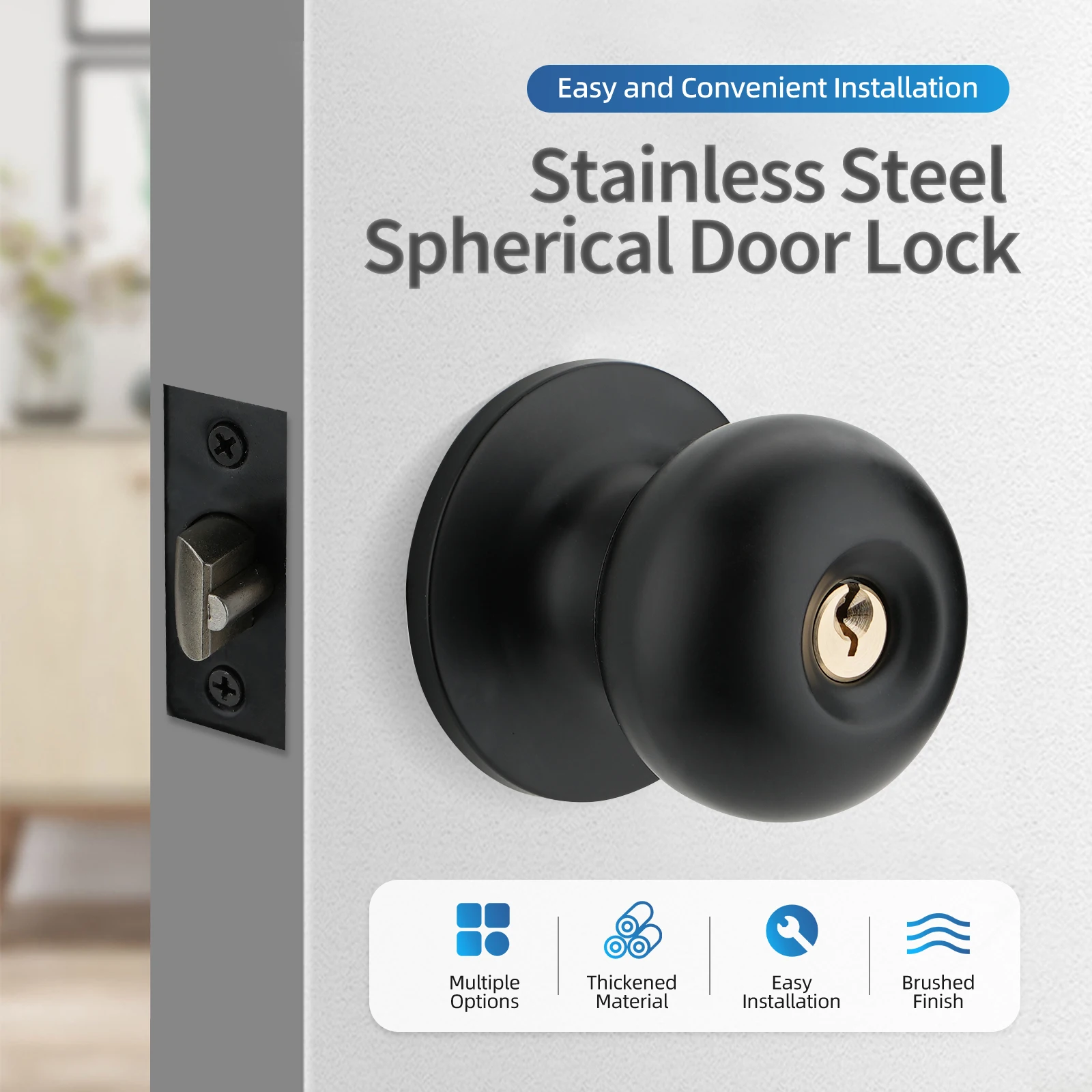 Viladepot Stainless Steel Door Lock Ball-Shaped Door Handle Lever Round Base Bedroom Bathroom with Keys