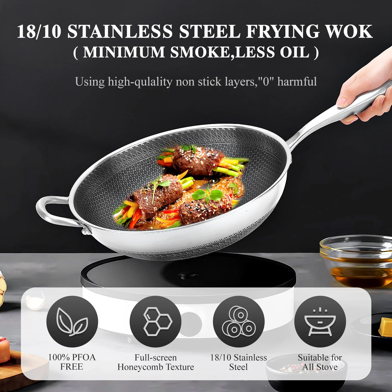 Wok pan,Hybrid 13 inch Wok with Lid, PFOA Free Cookware,non stick Stainless Steel Woks & Stir-fry pans Nonstick