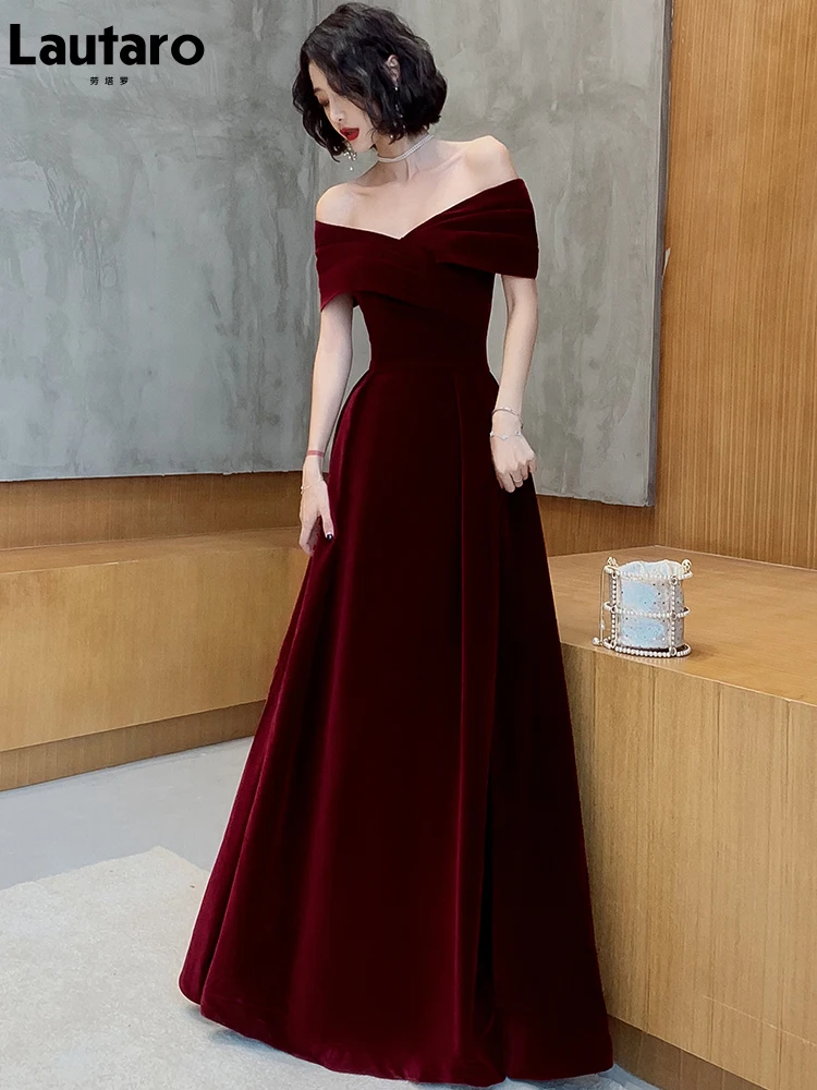 Lautaro-Vestido largo de terciopelo suave para mujer, de lujo con hombros descubiertos traje elegante, color rojo vino, para fiesta de noche y boda, Primavera, 2022
