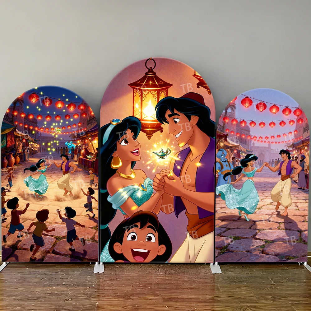 

Aladdin & Jasmine Arch Backdrop Cover Genie Magic Lamp Kids Festive Photo Booth Props for Joyful Parties & Home Decoration