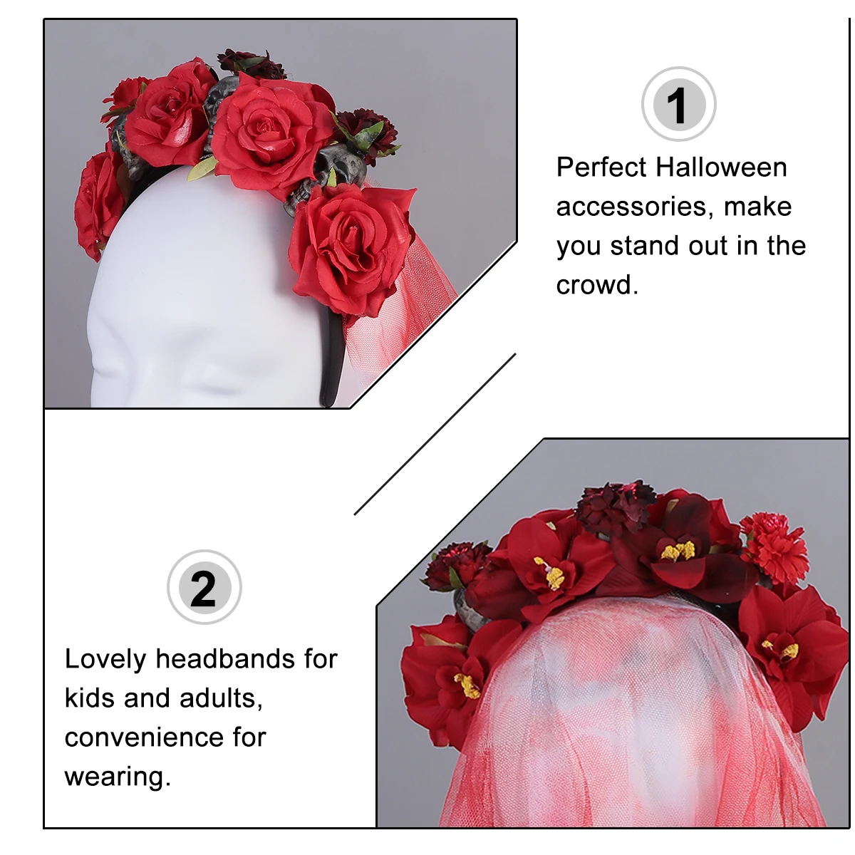 

Skull Headband Halloween Hair Accessories Rose Flower Design Costume Headpiece Women Girls Stylish Cosplay Party Hairstyle