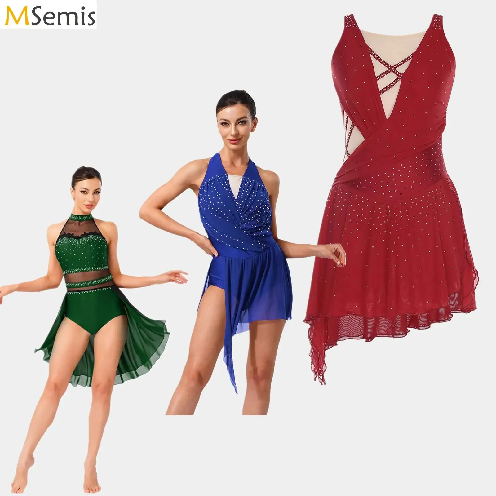 Womens Figure Skating Costume Chacha Samba Rumba Latin Dance Bodysuit V Neck Ruched Mesh with Rhinestone Backless Leotard Dress