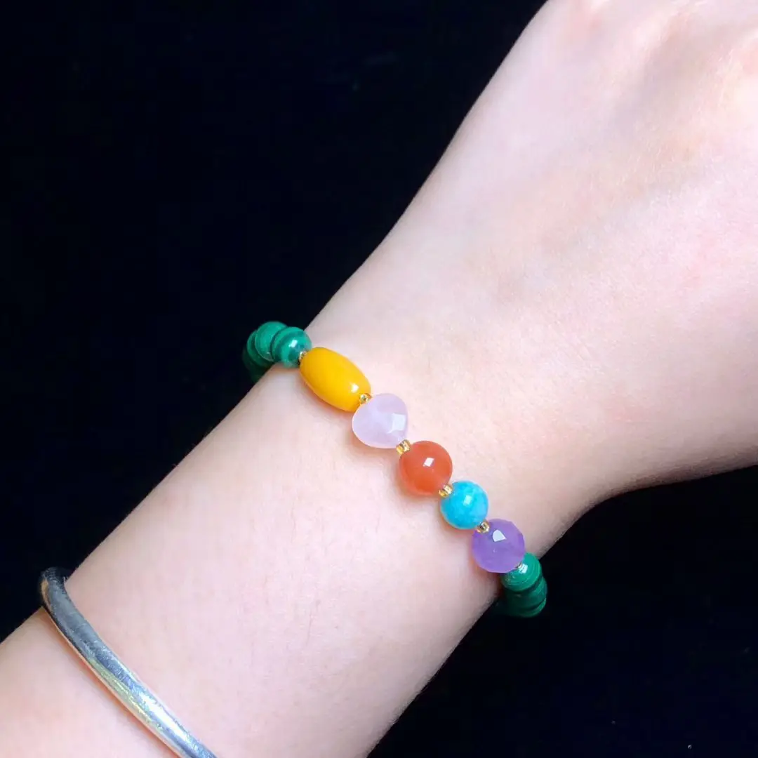 Certificated 6mm Natural Malachite Multi-gemstones Amulet Jewelry Bohemia Real Amber/Pink Quartz/Amethyst String Lucky Bracelet