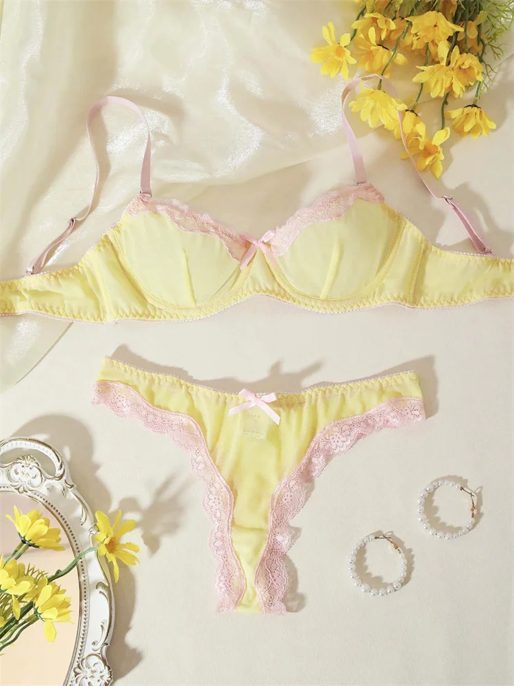 Female Sweet Mesh Lingerie Set Pink Lace Trim Bra and Panty Set Intimate 2 Pieces Women Underwear Cute Bow Sexy Boudoir Lingerie