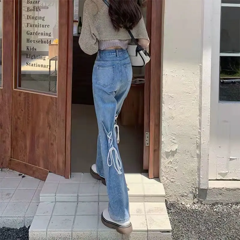 2026 Autumn Trendy Wide Leg Jeans for Women Stretchy High Waist Tied Waistband Casual Loose Fit Student Denim Pants