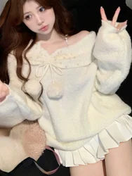 Autumn Winter Korean Women Knitted Sweaters Off Shoulder Pearl Long Sleeves Sweet Pullovers Female Fashion Lazy Style Knitwear