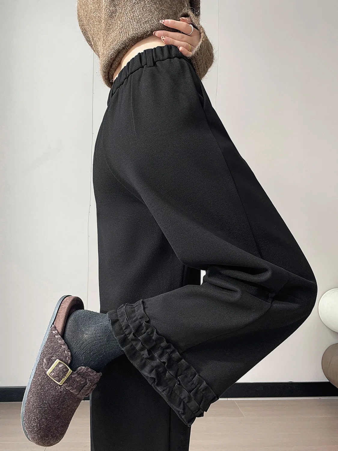 Thiened ey الصوفية متوهج السراويل النسائية الخريف الشتاء عالية الخصر التخسيس تسع نقاط رداء غير رسمية السراويل مع الأذن زهرة الدانتيل