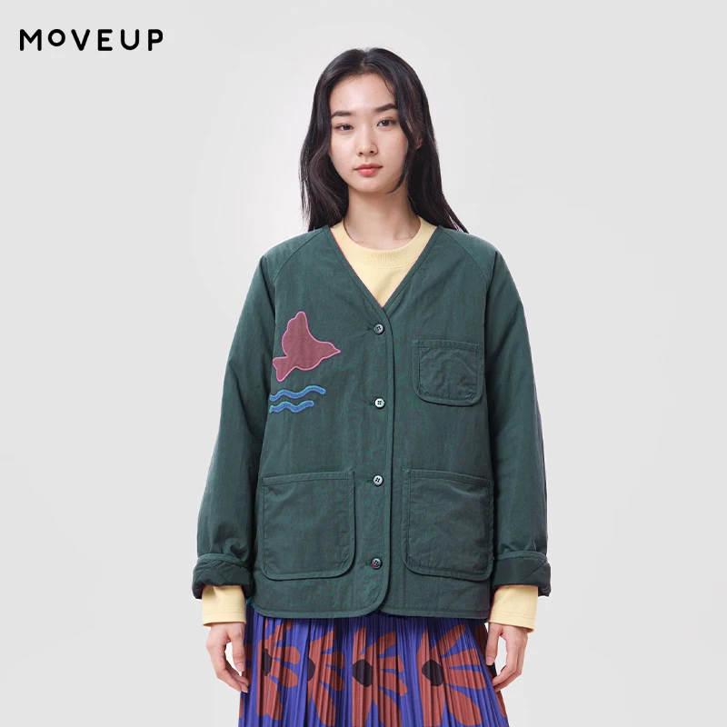 MOVEUP Women's Winter Jacket Applique Embroidery Side Slit Cropped Padded Coat FUN Series 2026 Winter Daily Outerwear 3ELD20906