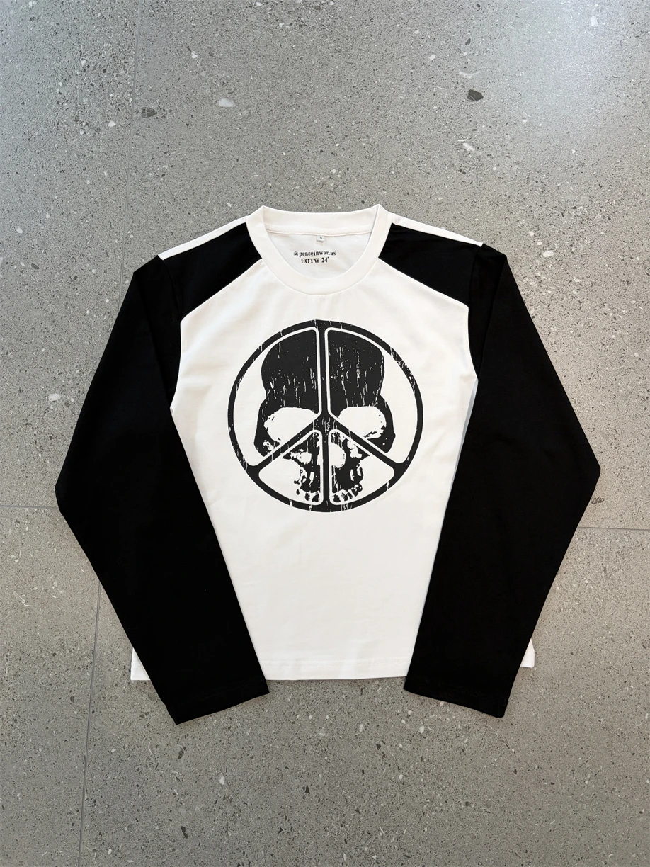 Skullpeace War Peace Men's T-shirt American Contrast Color Long Sleeve Cotton round Neck Print Skull Design Comfortable Breat...
