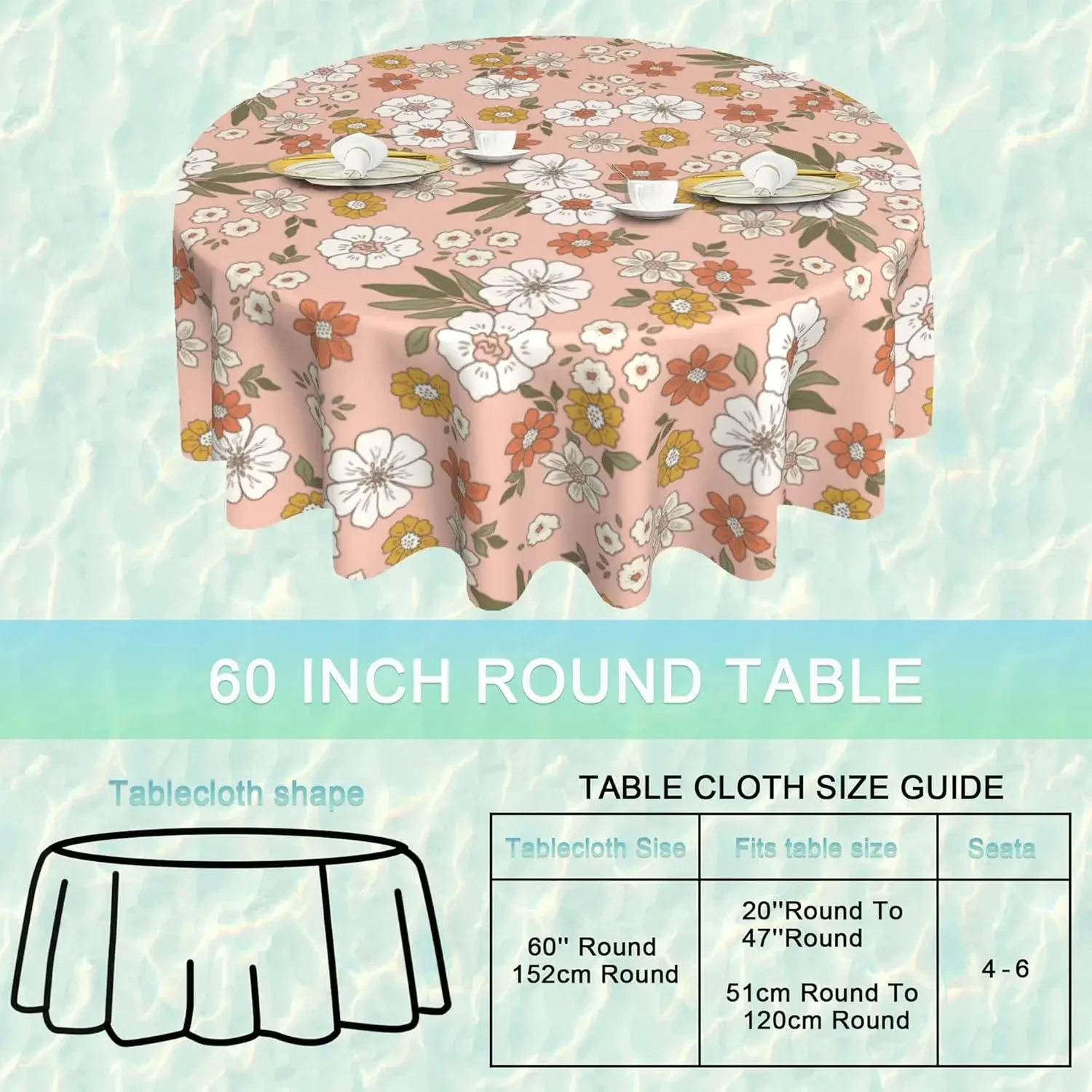 70s Retro Groovy Round Tablecloth Boho Flower Waterproof Stain Free Table Cover for Home Kitchen Dining Party Picnic