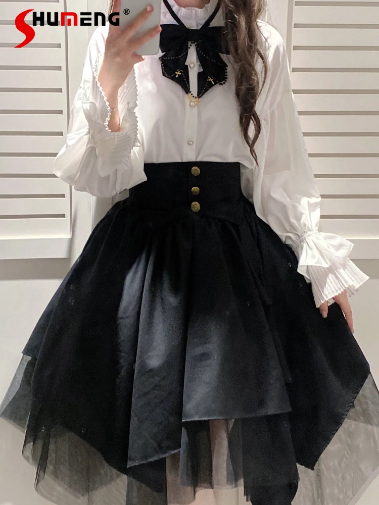 Oversize Lolita Skirts Sets Japanese Gothic Style Flare Sleeve White Shirt High Waist Irregular Black Skirt Two-Piece Set Women