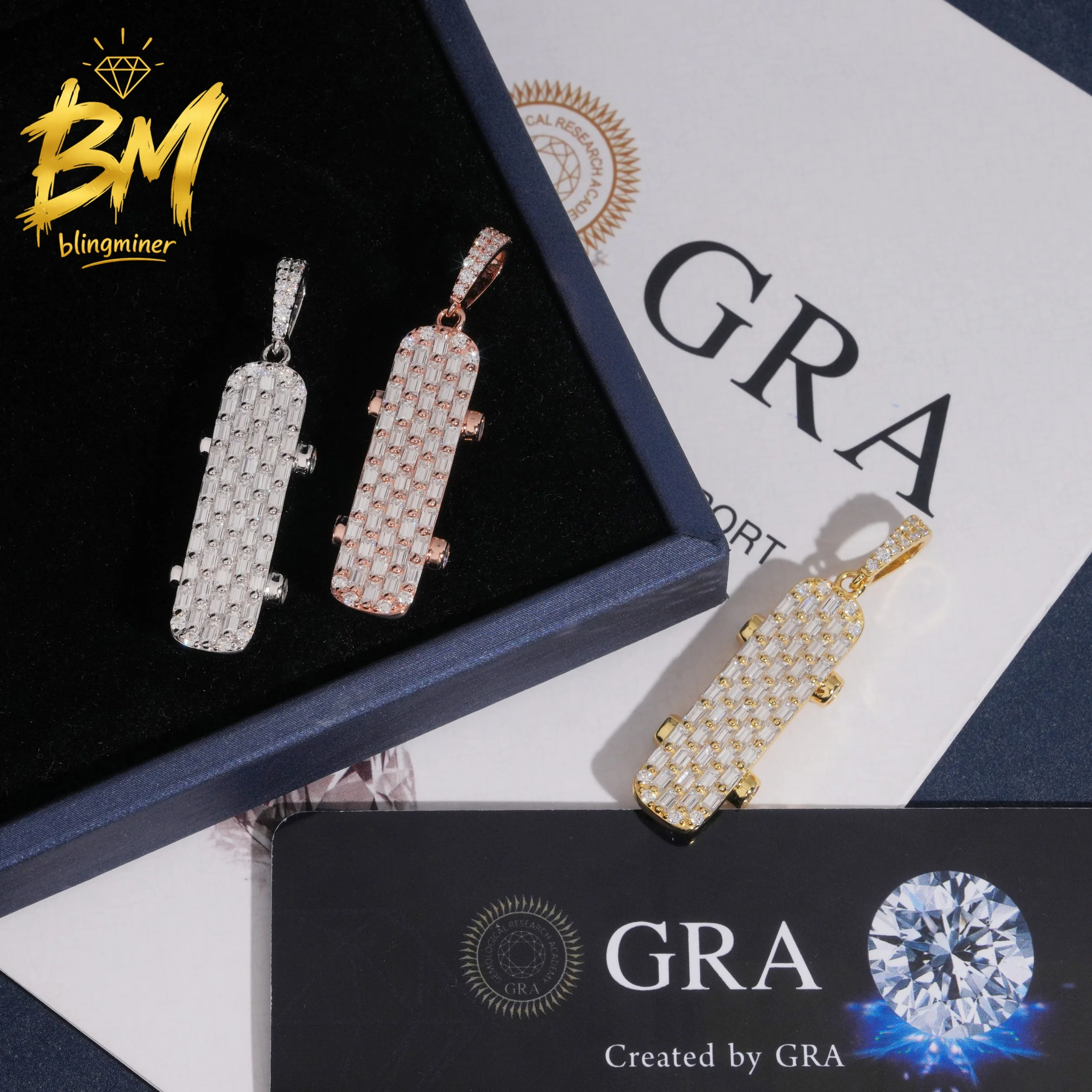 Blingminer S925 Silver Hip Hop Skateboard VVS Moissanite Pendant For Men Women Pendants Jewelry Pass Diamonds Tester Free Shippi