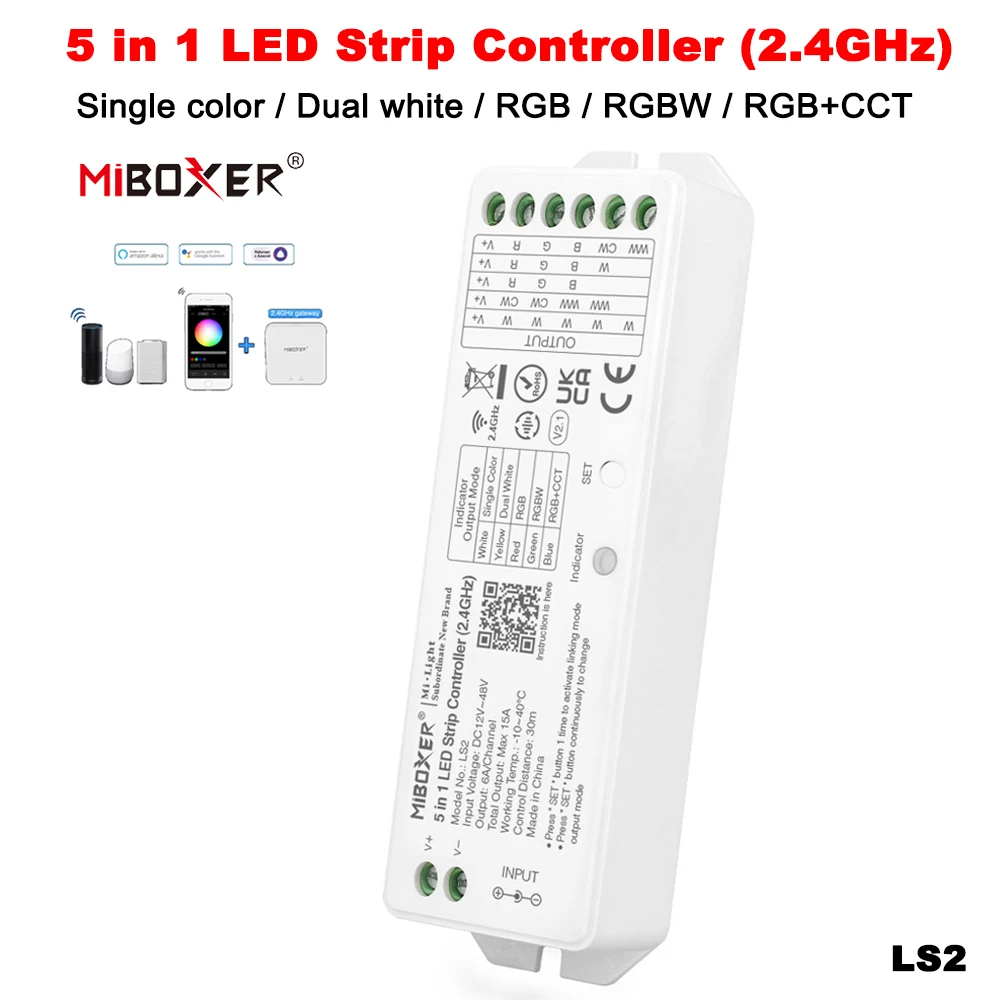 MiBoxer LS2 DC12V-48V 2.4GHz RF 5in1 Smart LED Brightness adjustable Controller for Single Color/ CCT/RGB/RGBW/RGB+CCT LED Strip