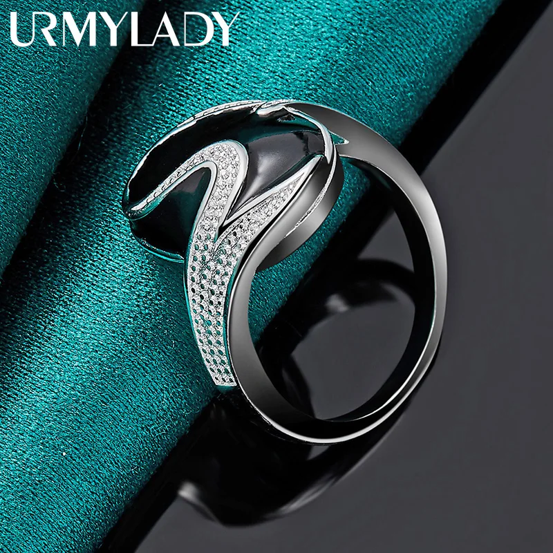 URMYLADY 925 Sterling Silver Round Obsidian 7-10# Ring For Women Wedding Charm Engagement Fashion Jewelry