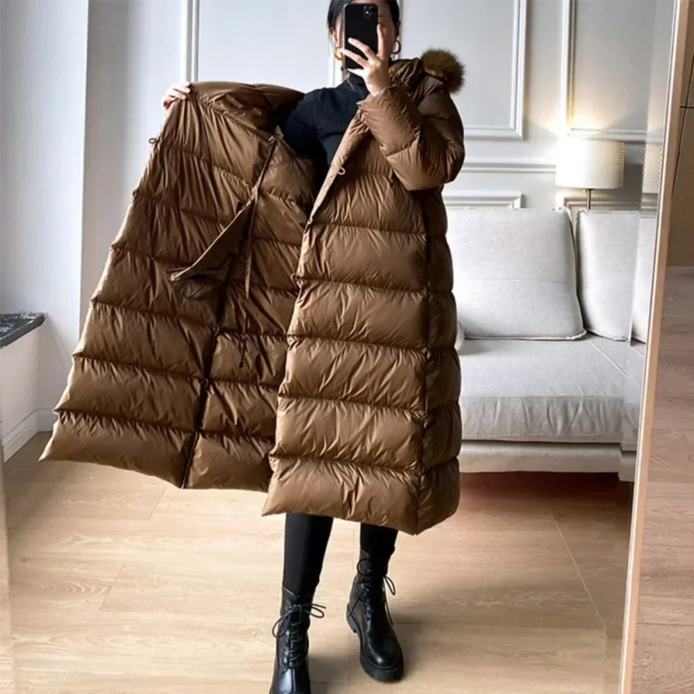 Women Real Fur Jacket 2025 Winter White Duck Down Jackets Ultra Light Warm Long Parkas Fox Fur Collar Female Hooded Snow Coats