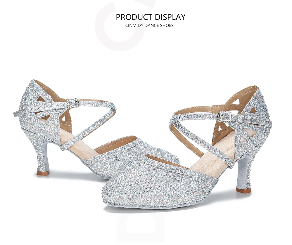 CINMIDY Rote Strass-Lateintanzschuhe Damen Tango-Tanzschuhe Moderne Schuhe Weiche Sohle Hochzeitsschuhe Silber – Detail 11