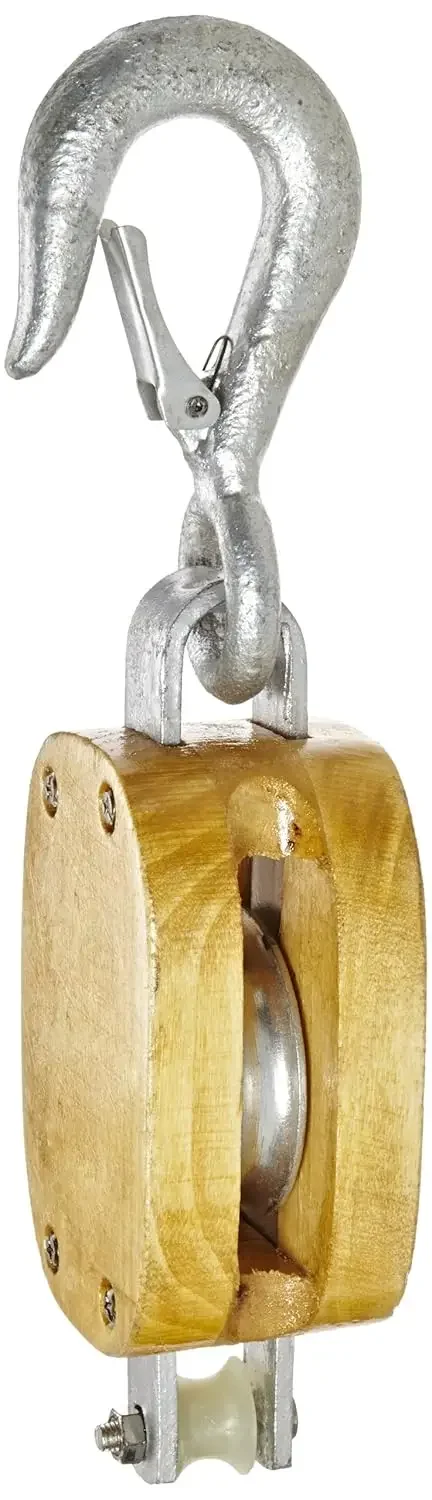 C0616900076 4" Single Wood Manila Rope Block with Hook, 1000 lbs Load Capacity, 1/2" Rope, 2-1/4" Sheave (3)