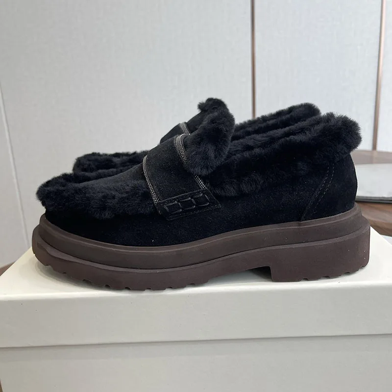 Lazy Loafers Women Round Toe Suede Deep Mouth String Bead Decor Wool Lining Walking Shoes Winter Versatile Flat Single Shoes