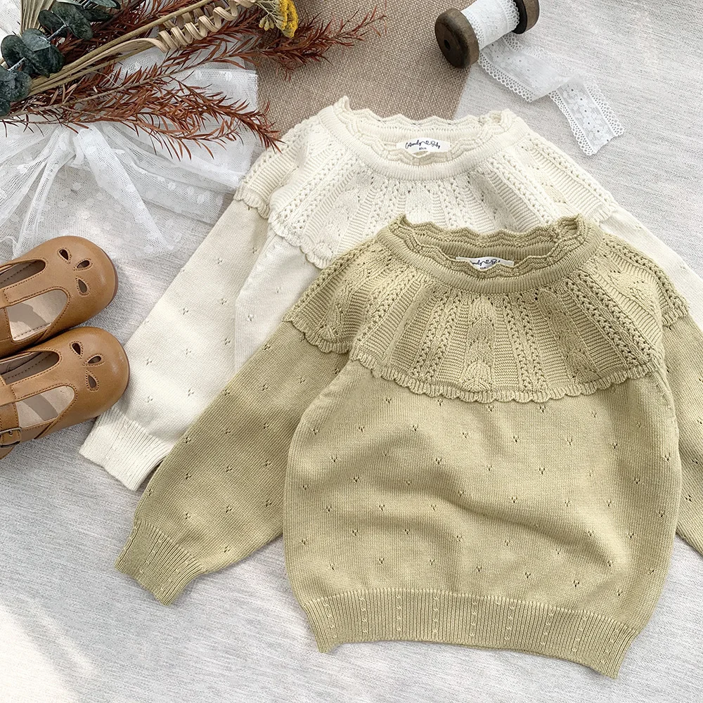 

Jenny&Dave Spring and Autumn Girl Baby Pullover Round Neck Hollow Knitted Baby Jacquard Long sleeved Thin Contrast Knitted Girl